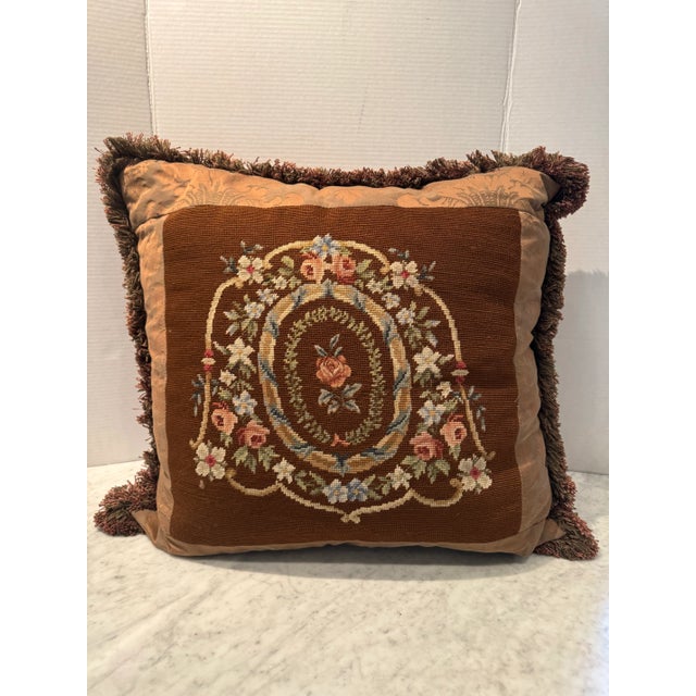 Vintage Needlepoint Pillow With Fortuny Silk For Sale - Image 4 of 6