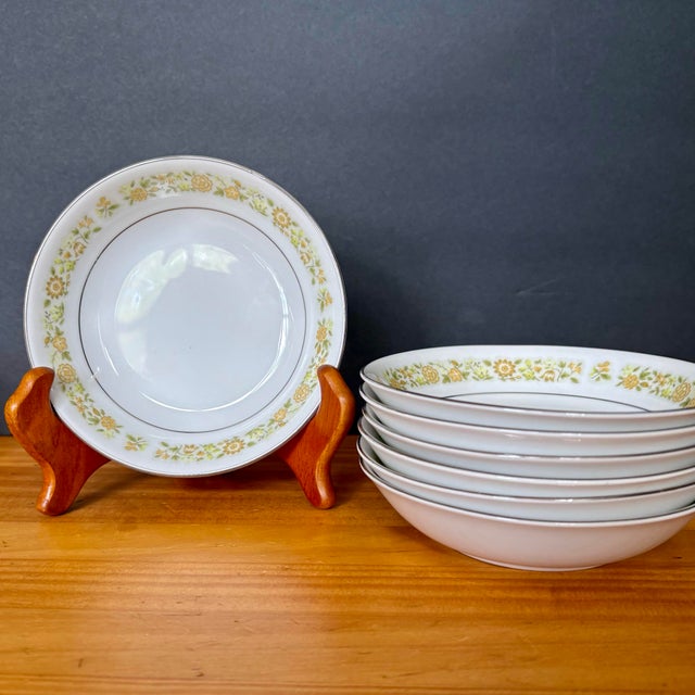 Mid-Century Modern Vintage Towne House “Spring 3094” Dessert/Fruit Bowls With Yellow Floral Band & Silver Trim (Sold Individually) For Sale - Image 3 of 10