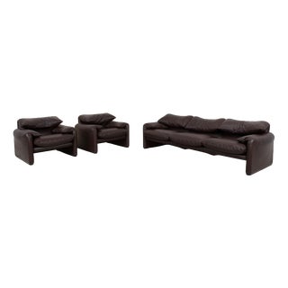 Maralunga Three-Seater Sofa and Chairs in Leather from Cassina, Set of 3 For Sale