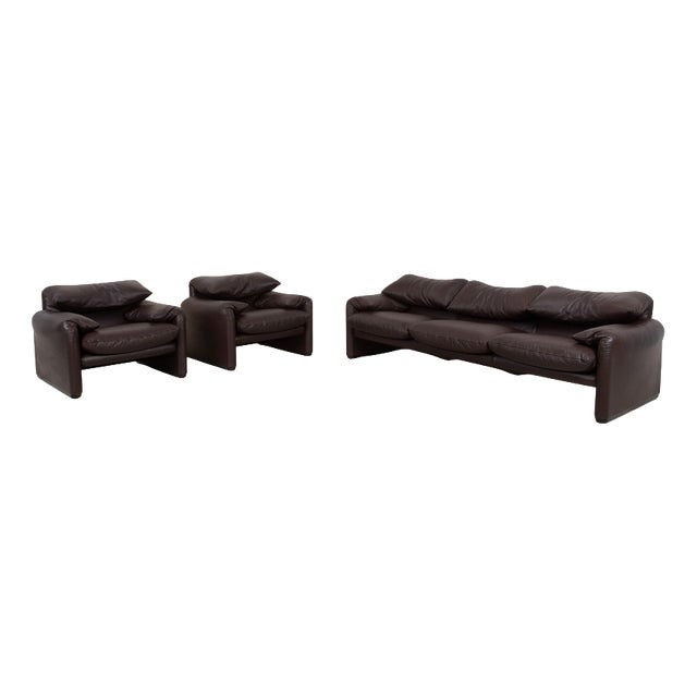 Maralunga Three-Seater Sofa and Chairs in Leather from Cassina, Set of 3 For Sale