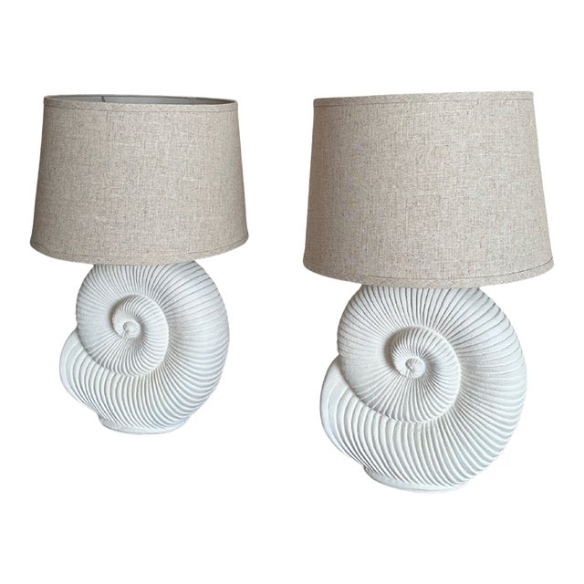 Vintage Spiral Shell Table Lamps With Linen Drum Shades - A Pair For Sale