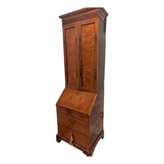 1980s George III-Style Burr Wood Secretry With Mirrored Doors and Fitted Interior For Sale