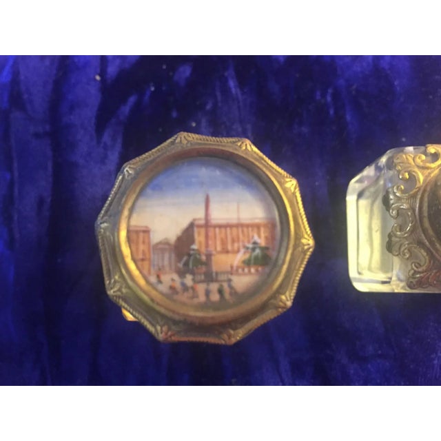 Mid 19th Century Continental Shagreen, Mother of Pearl Miniture Trunk With Gilt Filigree Crystal Bottles - 3 Pieces For Sale - Image 5 of 13