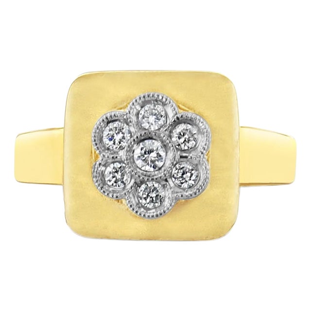 Diamond Flower Shaped Brushed Satin Finish Ring 14k Yellow Gold, Size 9 For Sale