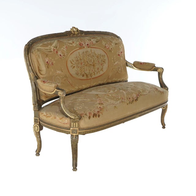 Gold Antique French Louis XV Giltwood & Aubusson Tapestry Sofa Circa 1860 For Sale - Image 8 of 12
