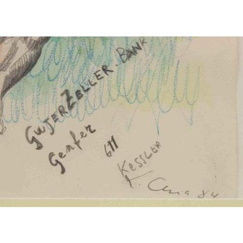 Pencil and pastel drawing on paper, realized by Sandro Chia in 1984. Hand signed and dated lower right. Includes a wooden...