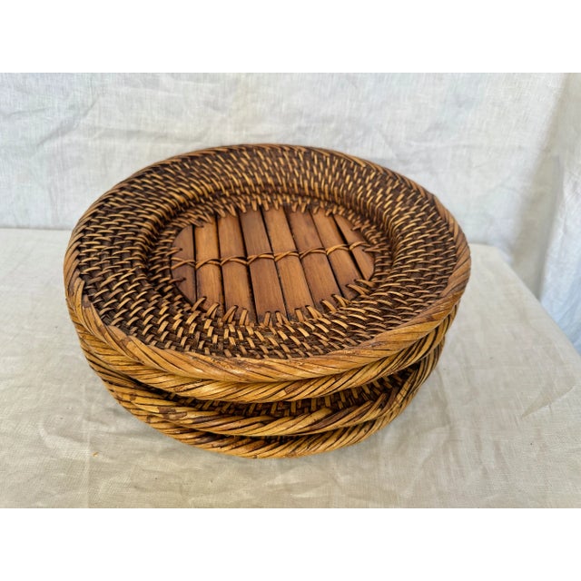 Mediterranean Set of 4 Woven Rattan & Bamboo Plate Chargers For Sale - Image 3 of 6