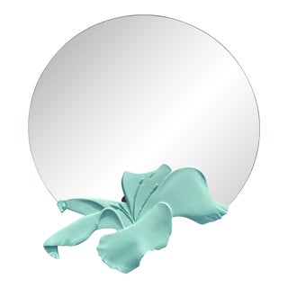 1980s Large Signed Deco Round Mirror with Sculptural Flower For Sale