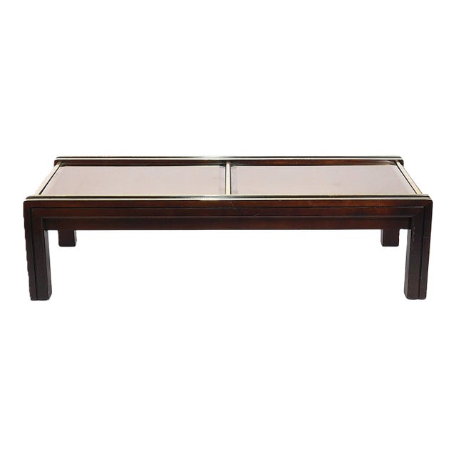 1980s Contemporary Mirrored Coffee Table With Metallic Trim, 58"w For Sale