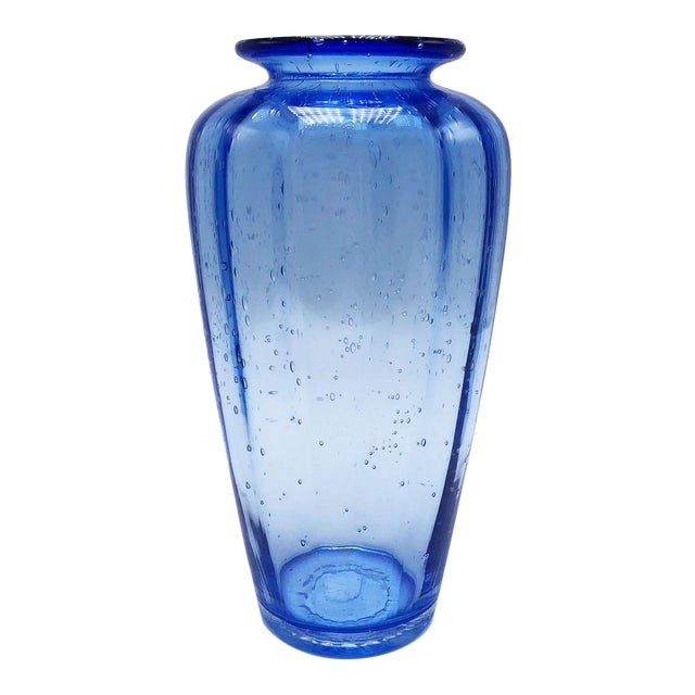 1920s Martinuzzi Soffiato Blue Ribbed Murano Vase For Sale