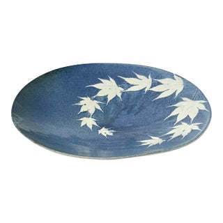 Mid-Century Ceramic Blue & Beige Maple Leaf Hand-Made Decorative Bowl For Sale