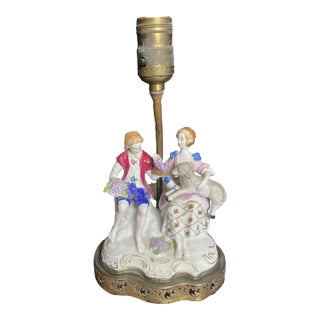 1920s French Porcelain Man and Woman With Lamb Figurative Lamp For Sale
