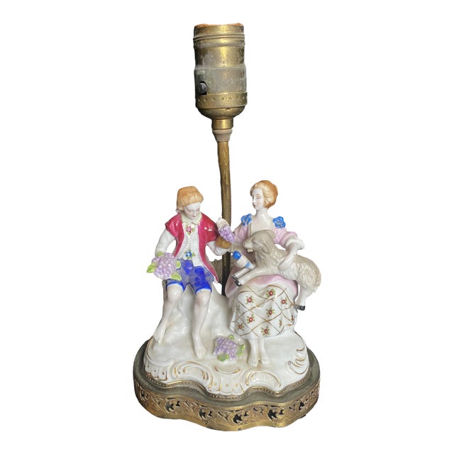 1920s French Porcelain Man and Woman With Lamb Figurative Lamp For Sale