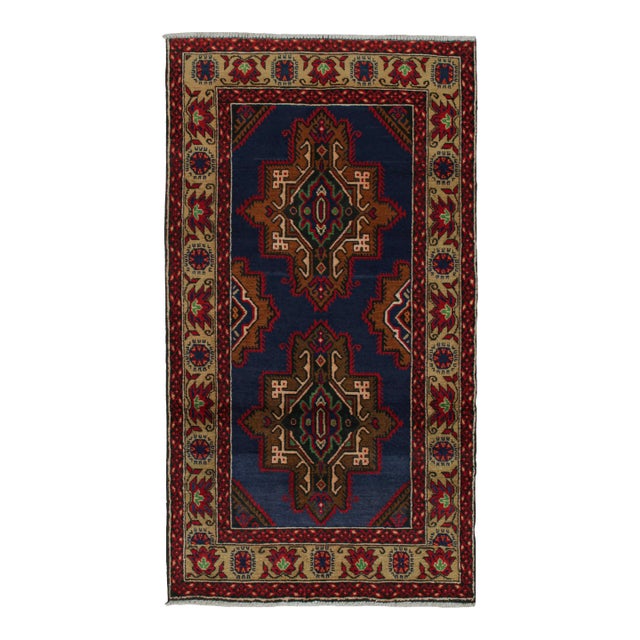 Rug & Kilim’s Baluch Runner Rug in Navy Blue With Rust Tone Medallions For Sale