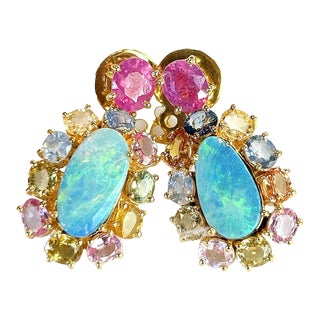Bochic “Orient” Sapphire, Ruby & Opal Earrings Set 18k Gold & Silver - 2 Pieces For Sale