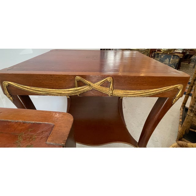 Wood Pair of Klismos Leg Side Tables, Tooled Leather & Gilt Wood Swags For Sale - Image 7 of 12