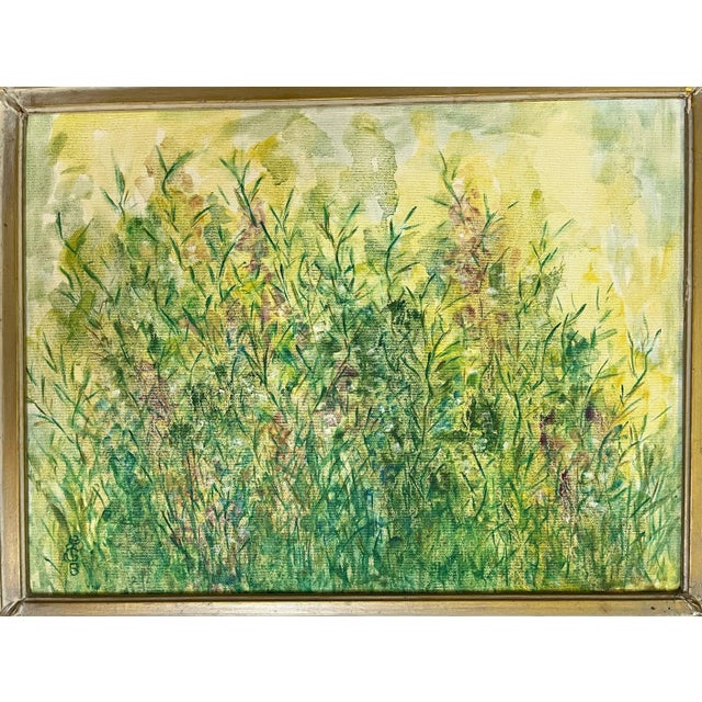 Original signed oil painting on canvas. This impressionist style piece depicts a field of flowers in shades of green,...