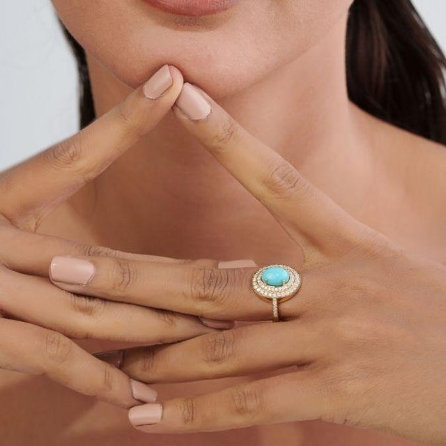 Turquoise 1.43ct Oval Turquoise Cabochon Double Halo Diamond 14k Gold Contemporary Ring Size 9 For Sale - Image 8 of 17