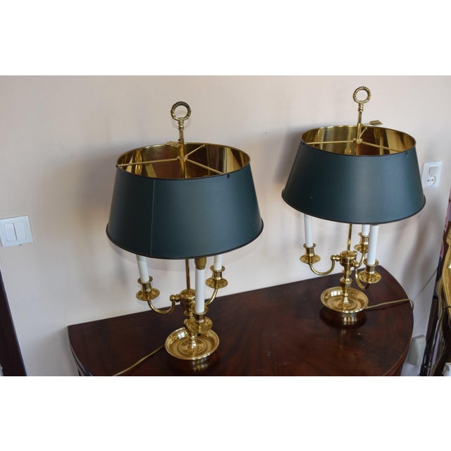 Gold Empire Brass Bouillotte Lamps with Green Tole Shades, 1960s, Set of 2 For Sale - Image 8 of 11