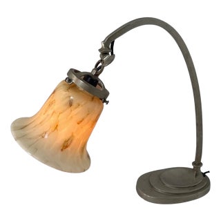 Art Deco Desk Lamp with Marbled Glass & Adjustable Shade For Sale