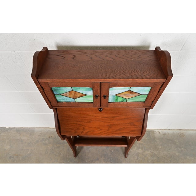 Stickley Brothers Style Antique Mission Oak Arts & Crafts Secretary Desk With Stained Glass Doors, Circa 1900 For Sale - Image 11 of 14