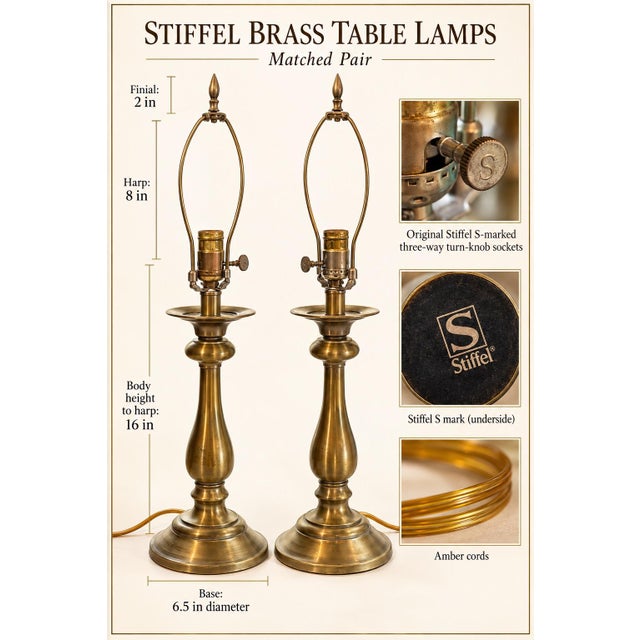 Late 20th Century Vintage Stiffel Brass Candlestick Table Lamps With Red Scalloped Shades - Pair For Sale - Image 5 of 7