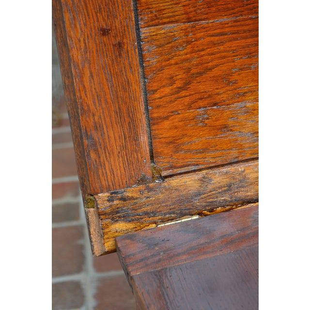 Wood Antique English Oak Wood Commode Potty Chamber Pot Cupboard W/ Cushioned Top For Sale - Image 7 of 16