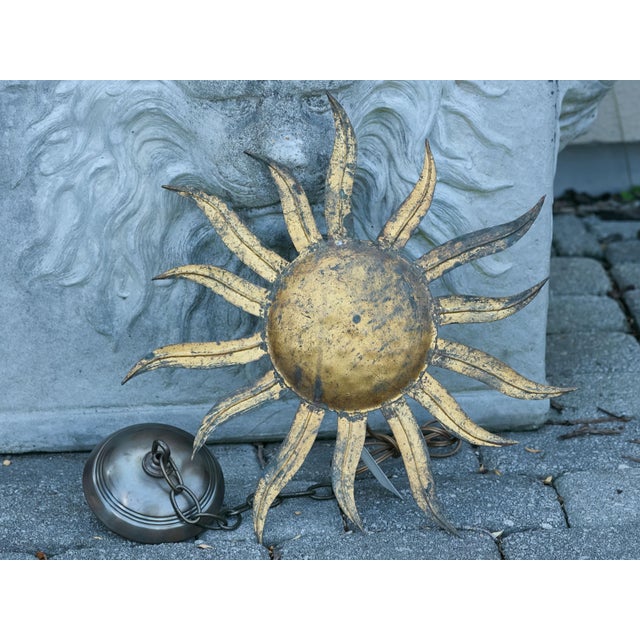 Metal Mid 20th Century Spanish Midcentury Gilt Metal Sunburst Light Fixture with Wavy Rays For Sale - Image 7 of 12