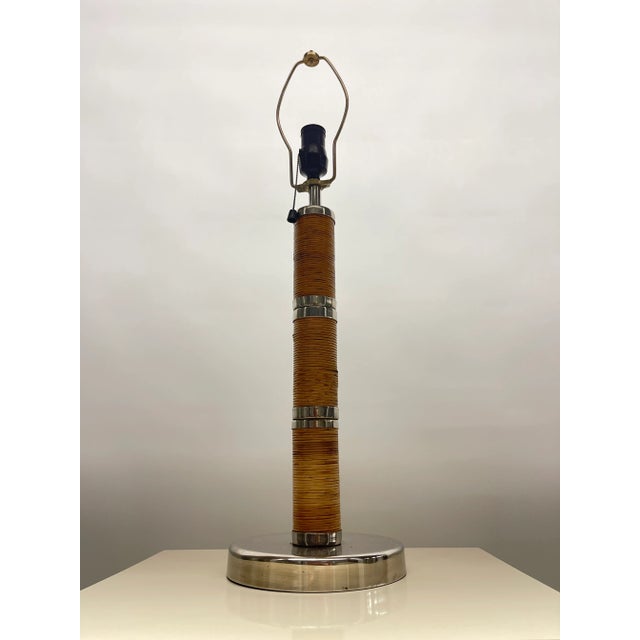 1970s Mid-Century Wicker Rattan and Chrome Table Lamp For Sale - Image 10 of 12