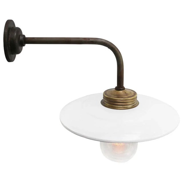 Mid-Century Modern Vintage Industrial Brass and Glass Wall Light in White Enamel For Sale - Image 3 of 6