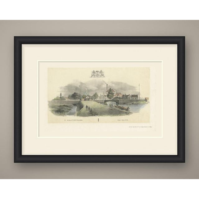 A quiet view on the edge of the hague, set in an oval vignette beneath a crowned coat of arms held by two rampant lions. A...