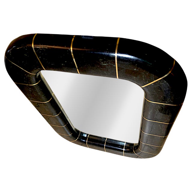 Karl Springer 1980s Postmodern Tessellated Stone Wall Mirror Inlaid Brass Spokes Attrib. Maitland-Smith For Sale - Image 4 of 10