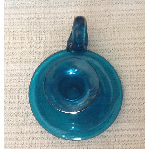 1960s Vintage Teal Glass Colonial Chamber Candlestick Holder For Sale - Image 5 of 6