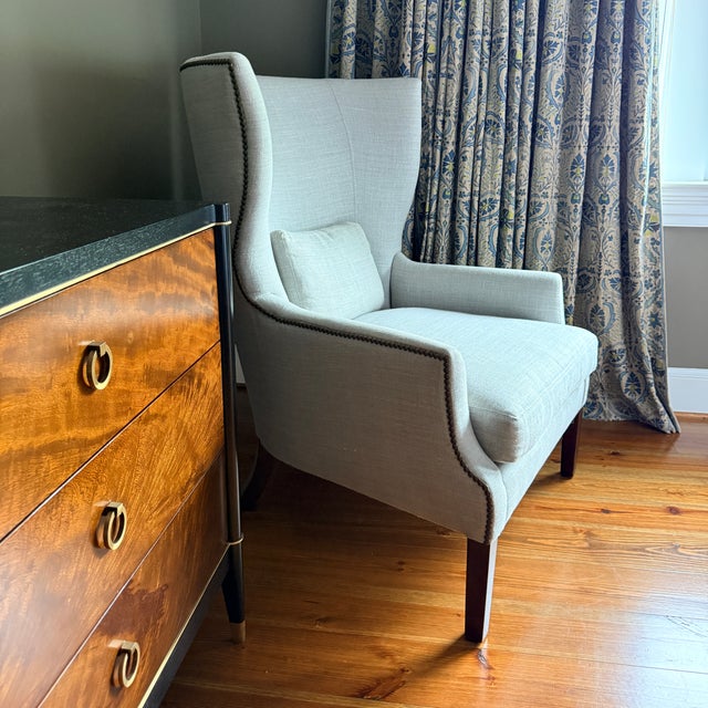 Verellen Verellen Wingback Chair in Blue Linen For Sale - Image 4 of 8