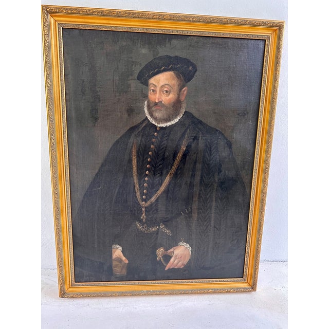 Very large late 19th to early 20th century European oil portrait painted in the Renaissance revival (historicist) style....