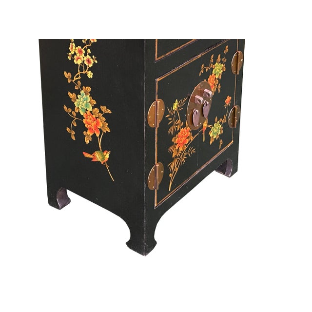 Chinese Black Vinyl Moon Face Flower Birds End Table Nightstand For Sale - Image 9 of 10