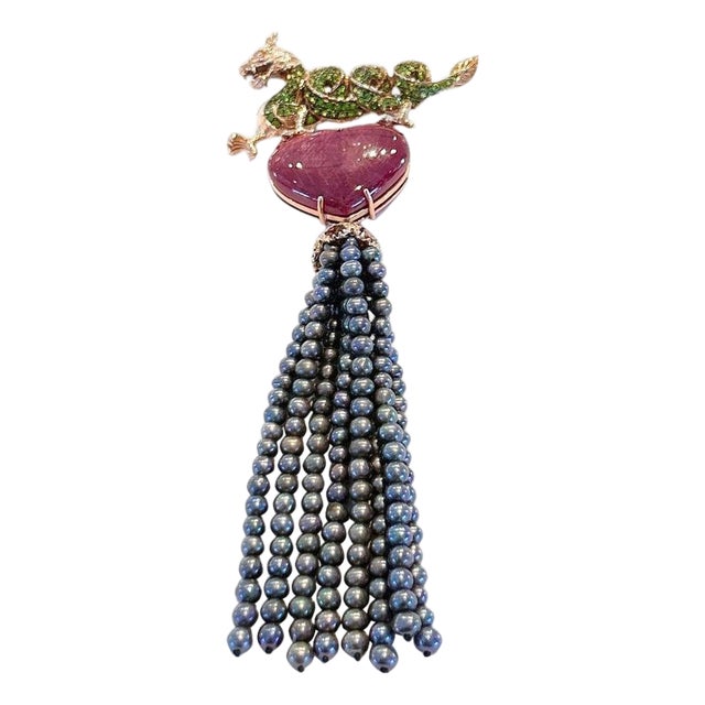 Bochic "Orient" Vintage Ruby & Black Pearl Brooch Set 18K Gold & Silver Circa 80 For Sale