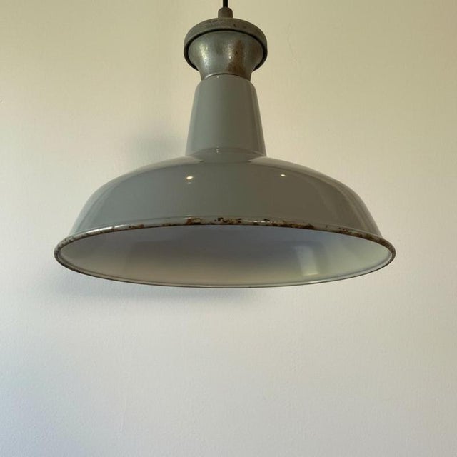 Vintage Industrial Grey Enamel Pendant Light from Benjamin For Sale - Image 5 of 7