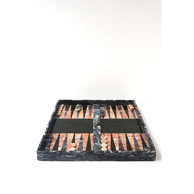 A substantial vintage marble double-sided game board for backgammon, checkers, (and chess sans/without chess pieces), in...