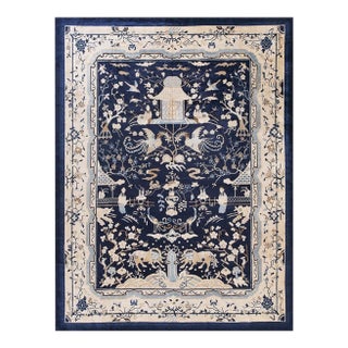 1920s Blue Traditional Scene Pictorial Animal Antique Chinese Peking Wool Rug For Sale