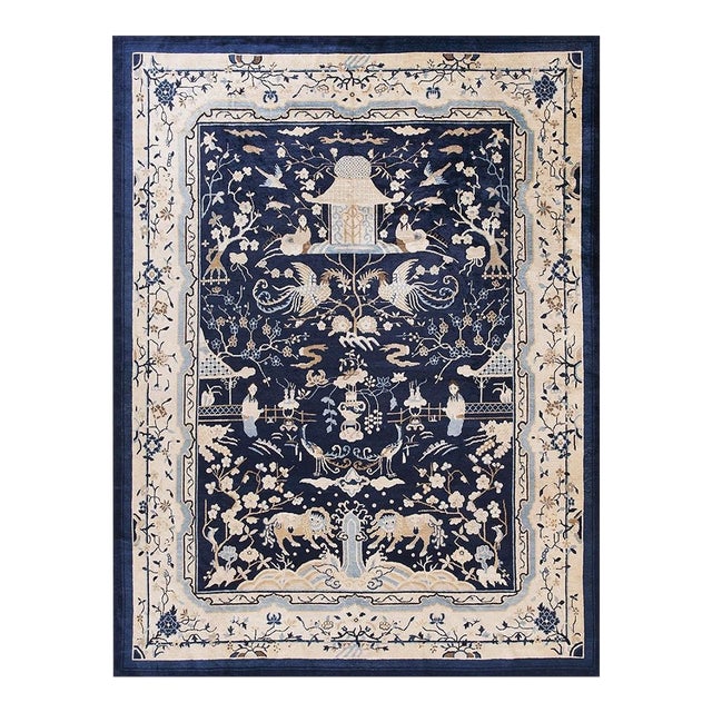 1920s Blue Traditional Scene Pictorial Animal Antique Chinese Peking Wool Rug For Sale