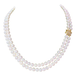 Diamond Akoya Pearl 2-Strand Necklace 18k Gold Certified For Sale