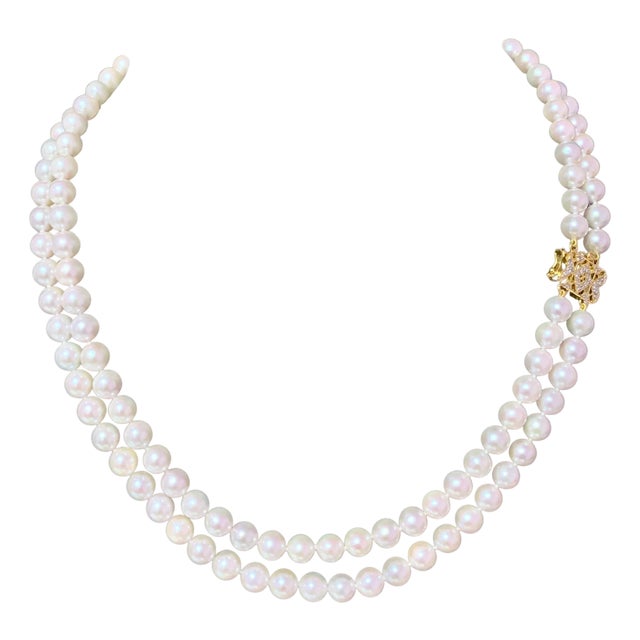 Diamond Akoya Pearl 2-Strand Necklace 18k Gold Certified For Sale