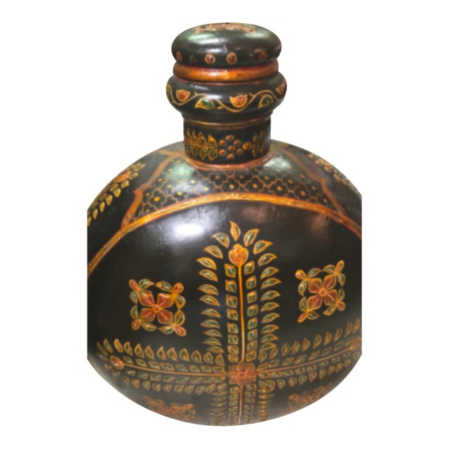 Vintage Hand-Painted Blackware Pottery Bottle Vase With Floral Folk Art Motif For Sale