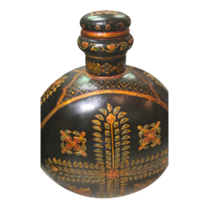 Vintage Hand-Painted Blackware Pottery Bottle Vase With Floral Folk Art Motif