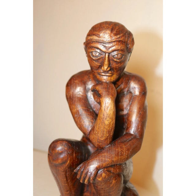 Wood Antique 1800's Folk Art Hand Carved Wood Figural Thinking Man Sculpture Statue For Sale - Image 7 of 12