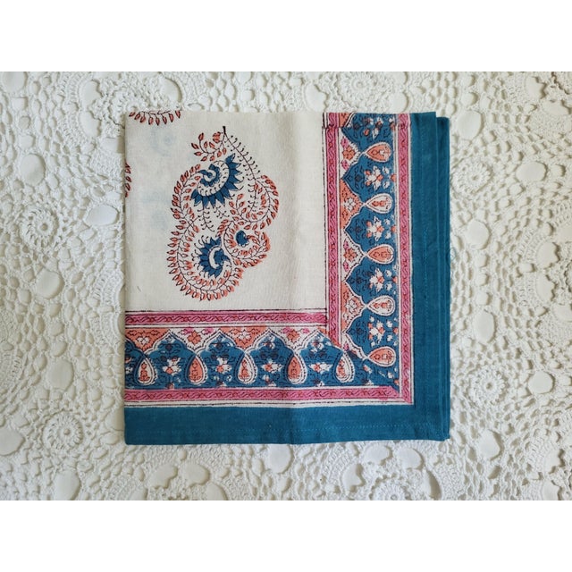 2020s Pink & Turquoise Paisley Indian Block Print Cloth Napkins - Set of 4 For Sale - Image 5 of 8