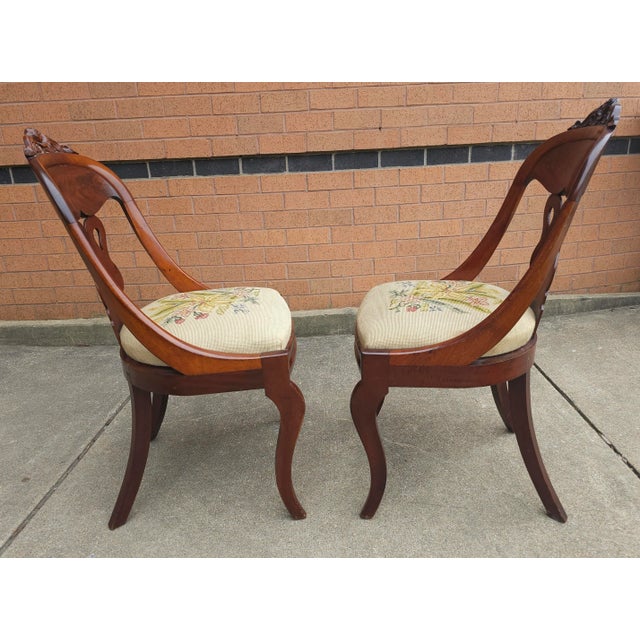 Wood Pair 19th Century American Empire Carved Magogany and Needlepoint Upholstered Chairs For Sale - Image 7 of 11