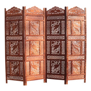 Anglo-Indian Peacock Carved Teak Four Panel Screen For Sale