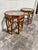 Not sure how old, but in near perfect condition. Octagonal shaped with glass top inserts. Solid. Beautiful burnt bamboo....